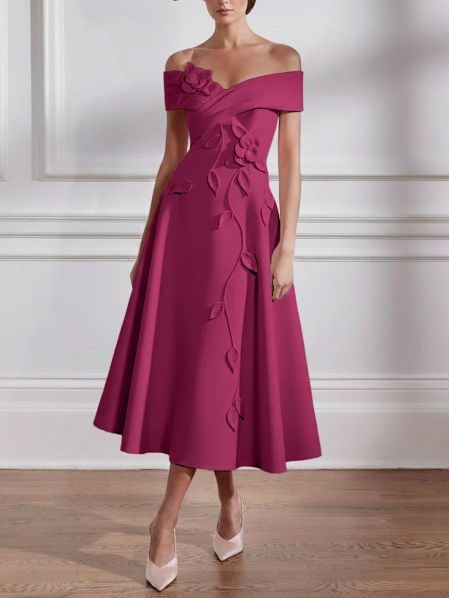 A-Line/Princess Off-the-shoulder Stretch Satin Mother of the Bride Dresses with 3D Flower Tea-Length Sleeveless