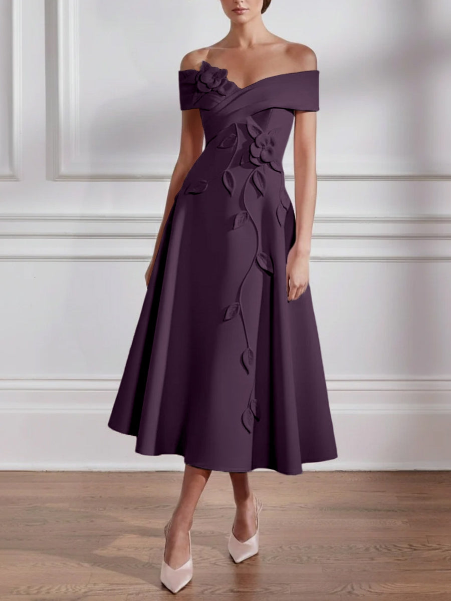 A-Line/Princess Off-the-shoulder Stretch Satin Mother of the Bride Dresses with 3D Flower Tea-Length Sleeveless