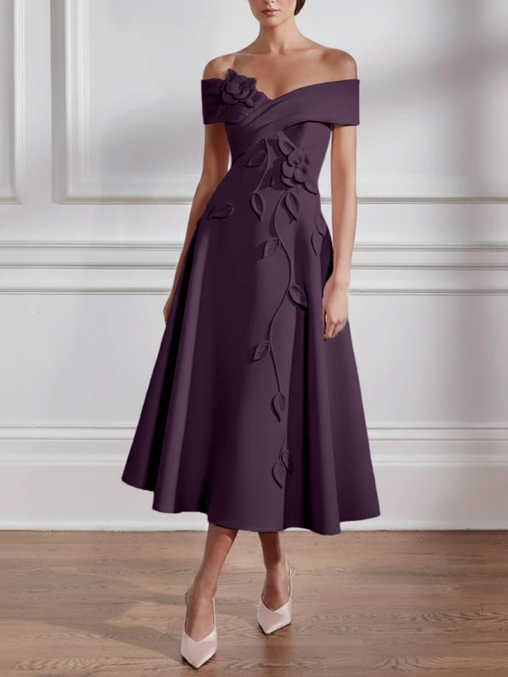 A-Line/Princess Off-the-shoulder Stretch Satin Mother of the Bride Dresses with 3D Flower Tea-Length Sleeveless