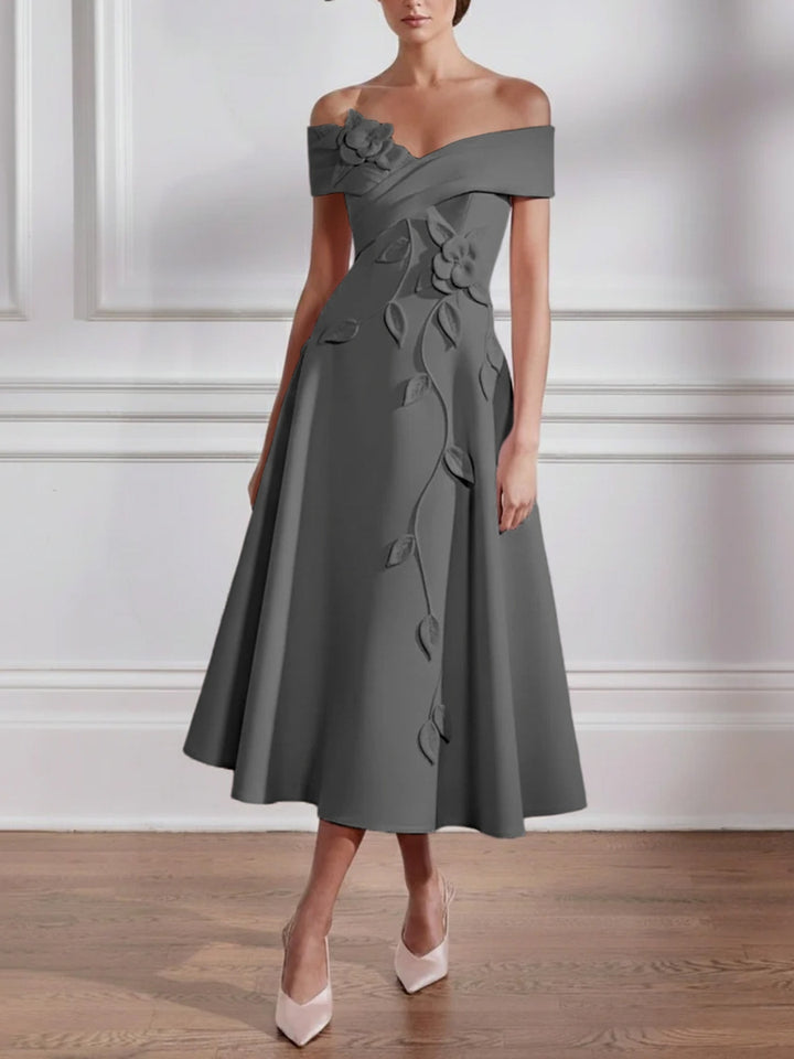 A-Line/Princess Off-the-shoulder Stretch Satin Mother of the Bride Dresses with 3D Flower Tea-Length Sleeveless