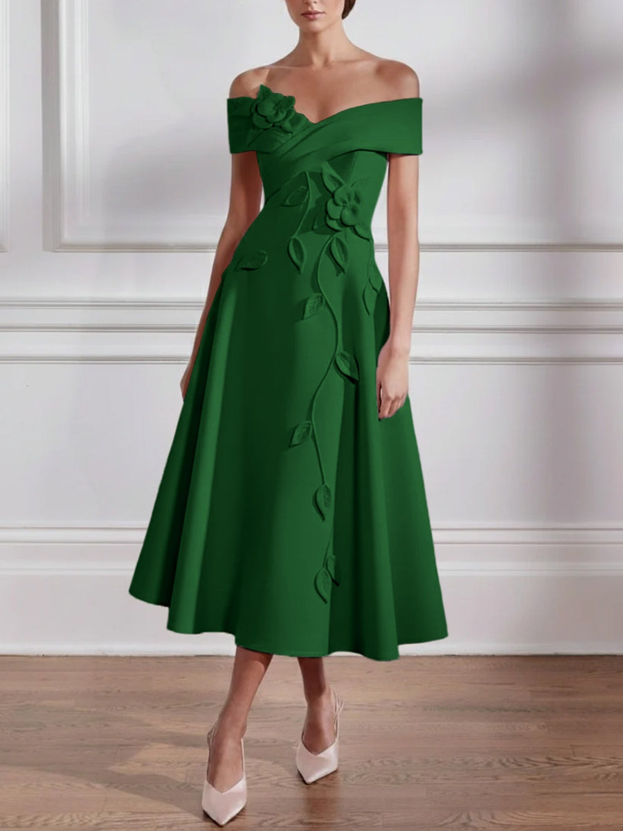A-Line/Princess Off-the-shoulder Stretch Satin Mother of the Bride Dresses with 3D Flower Tea-Length Sleeveless