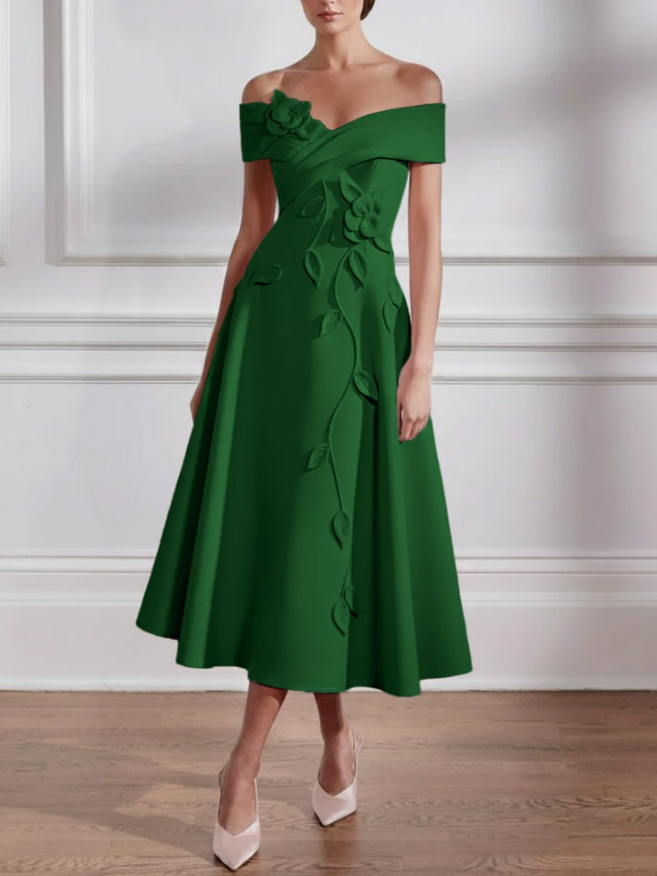 A-Line/Princess Off-the-shoulder Stretch Satin Mother of the Bride Dresses with 3D Flower Tea-Length Sleeveless