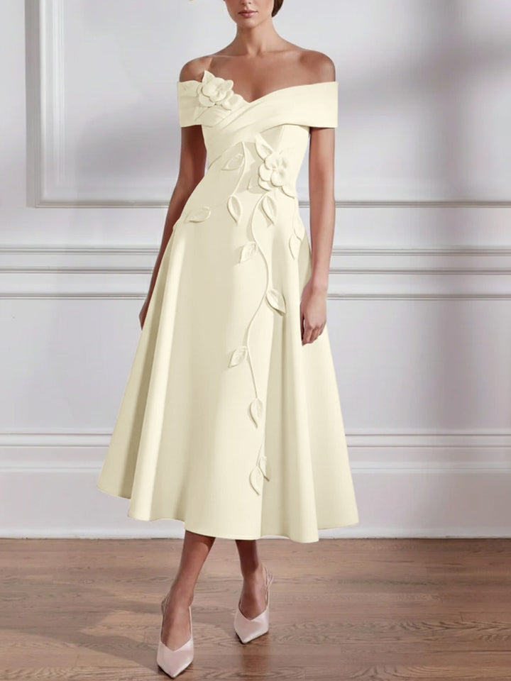 A-Line/Princess Off-the-shoulder Stretch Satin Mother of the Bride Dresses with 3D Flower Tea-Length Sleeveless