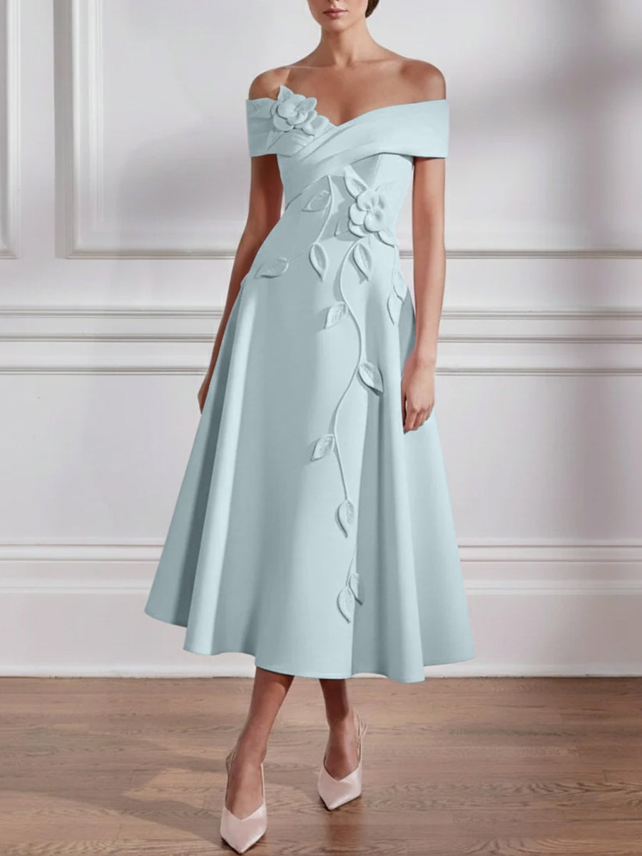 A-Line/Princess Off-the-shoulder Stretch Satin Mother of the Bride Dresses with 3D Flower Tea-Length Sleeveless