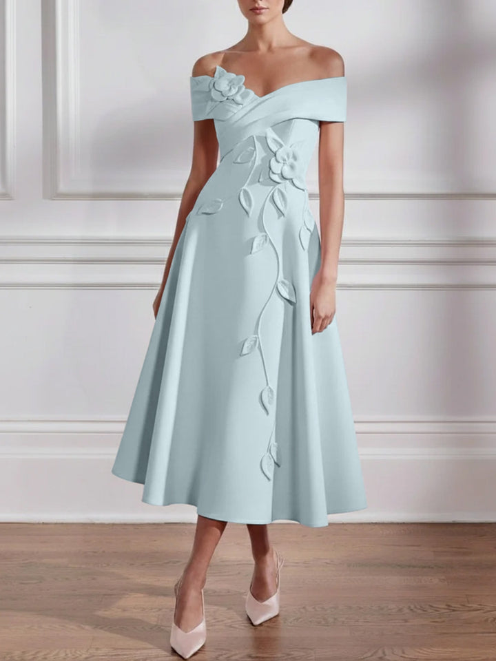 A-Line/Princess Off-the-shoulder Stretch Satin Mother of the Bride Dresses with 3D Flower Tea-Length Sleeveless
