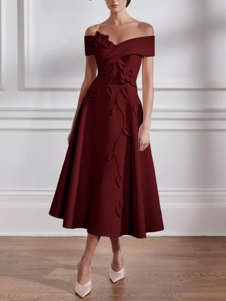 A-Line/Princess Off-the-shoulder Stretch Satin Mother of the Bride Dresses with 3D Flower Tea-Length Sleeveless