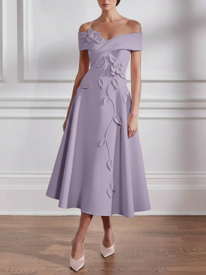 A-Line/Princess Off-the-shoulder Stretch Satin Mother of the Bride Dresses with 3D Flower Tea-Length Sleeveless