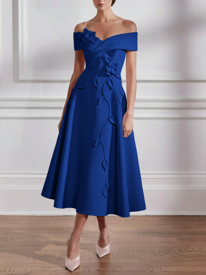 A-Line/Princess Off-the-shoulder Stretch Satin Mother of the Bride Dresses with 3D Flower Tea-Length Sleeveless