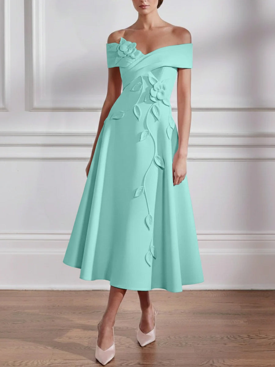 A-Line/Princess Off-the-shoulder Stretch Satin Mother of the Bride Dresses with 3D Flower Tea-Length Sleeveless