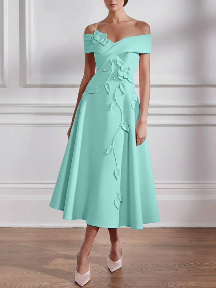 A-Line/Princess Off-the-shoulder Stretch Satin Mother of the Bride Dresses with 3D Flower Tea-Length Sleeveless