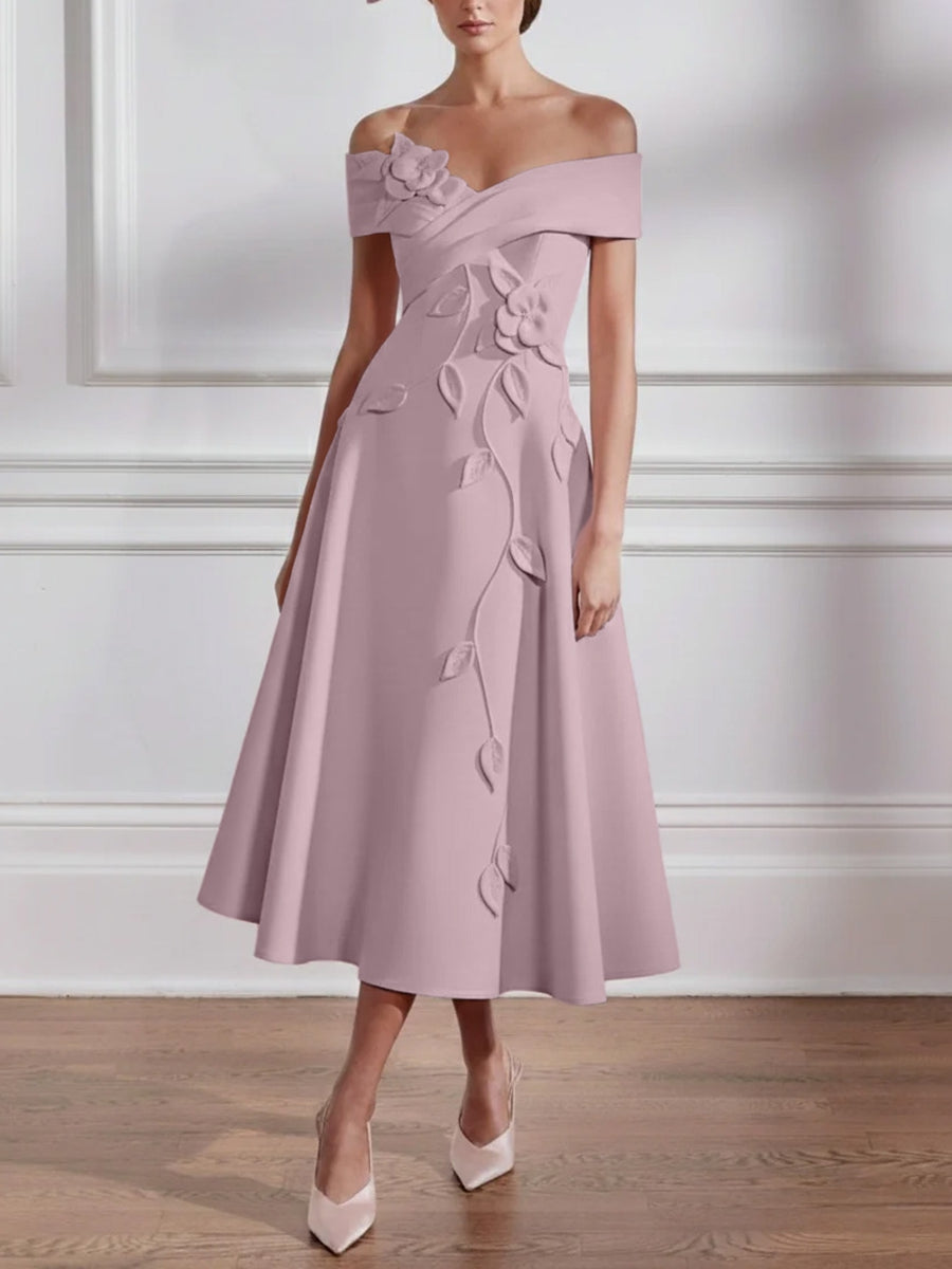 A-Line/Princess Off-the-shoulder Stretch Satin Mother of the Bride Dresses with 3D Flower Tea-Length Sleeveless