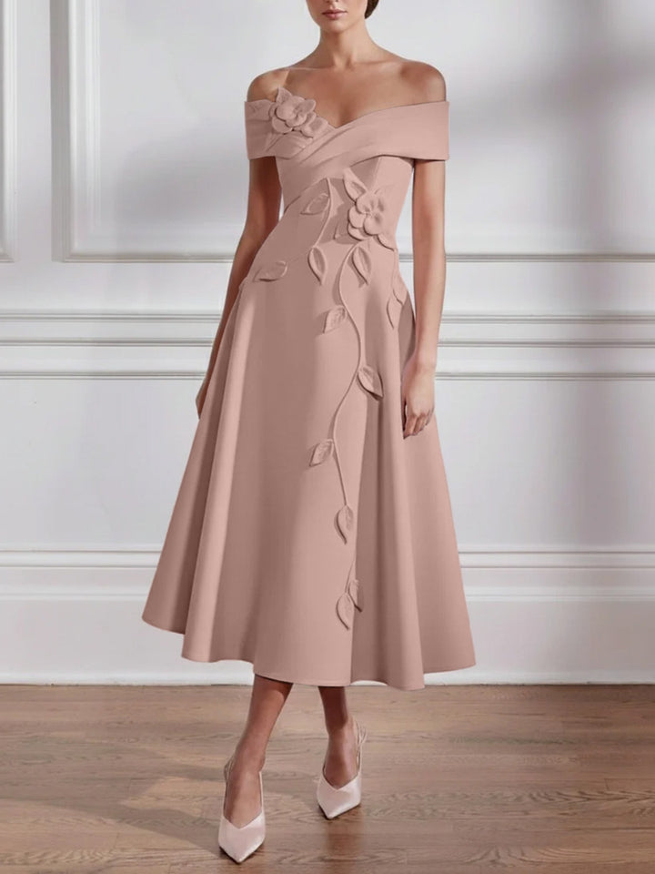 A-Line/Princess Off-the-shoulder Stretch Satin Mother of the Bride Dresses with 3D Flower Tea-Length Sleeveless