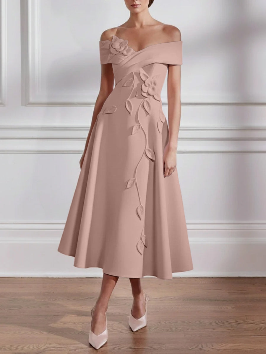 A-Line/Princess Off-the-shoulder Stretch Satin Mother of the Bride Dresses with 3D Flower Tea-Length Floral Sleeveless