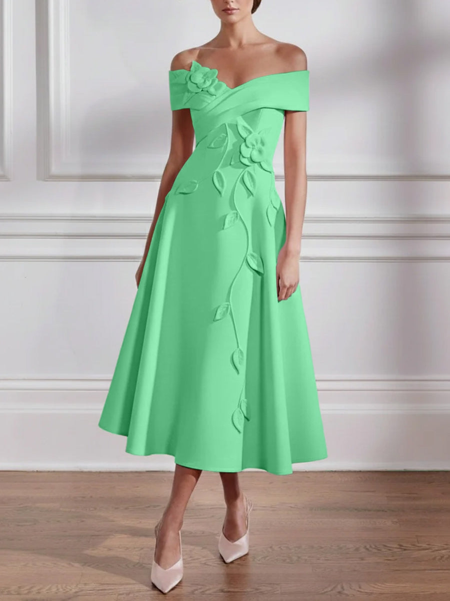 A-Line/Princess Off-the-shoulder Stretch Satin Mother of the Bride Dresses with 3D Flower Tea-Length Sleeveless
