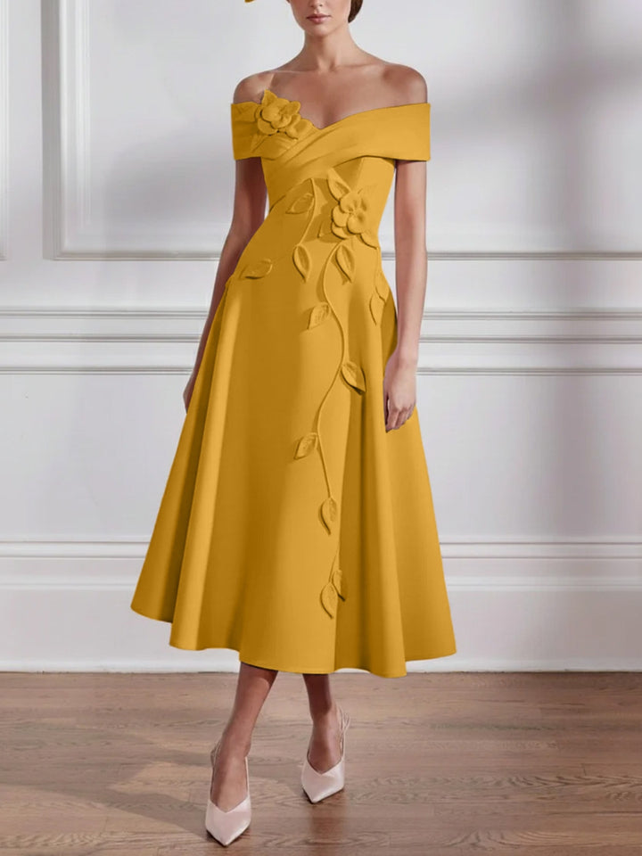 A-Line/Princess Off-the-shoulder Stretch Satin Mother of the Bride Dresses with 3D Flower Tea-Length Sleeveless