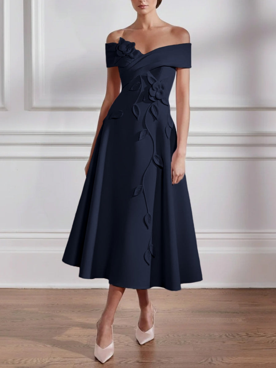 A-Line/Princess Off-the-shoulder Stretch Satin Mother of the Bride Dresses with 3D Flower Tea-Length Sleeveless