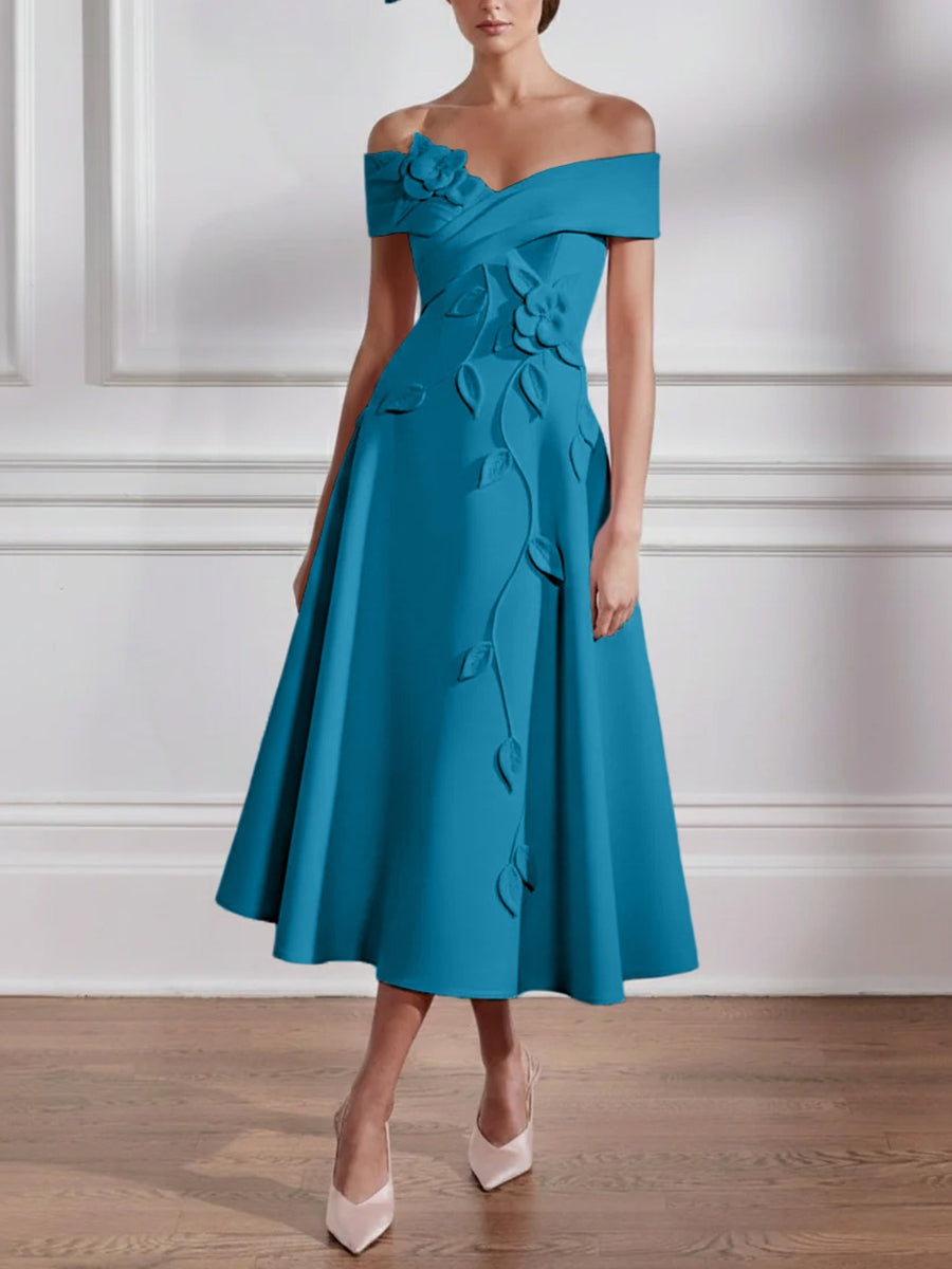 A-Line/Princess Off-the-shoulder Stretch Satin Mother of the Bride Dresses with 3D Flower Tea-Length Sleeveless