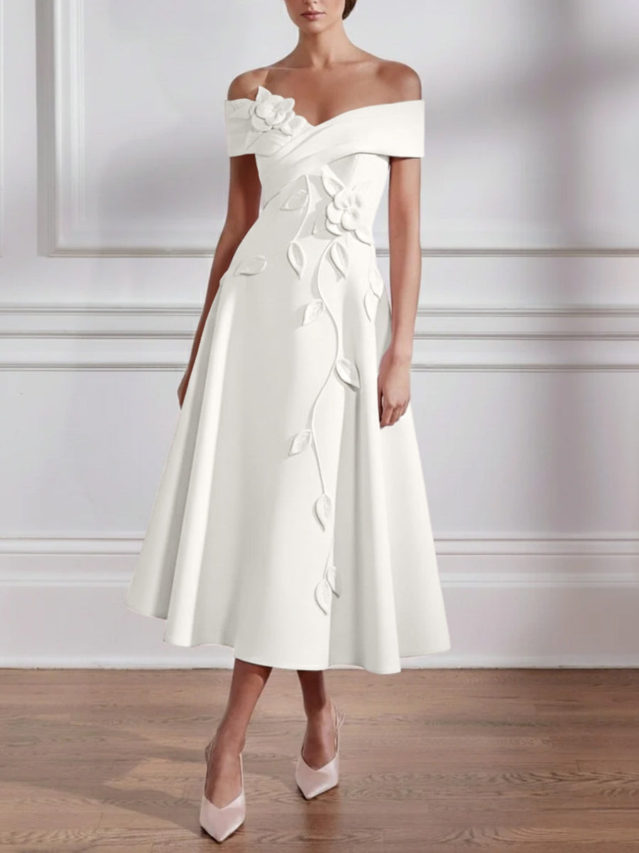 A-Line/Princess Off-the-shoulder Stretch Satin Mother of the Bride Dresses with 3D Flower Tea-Length Sleeveless