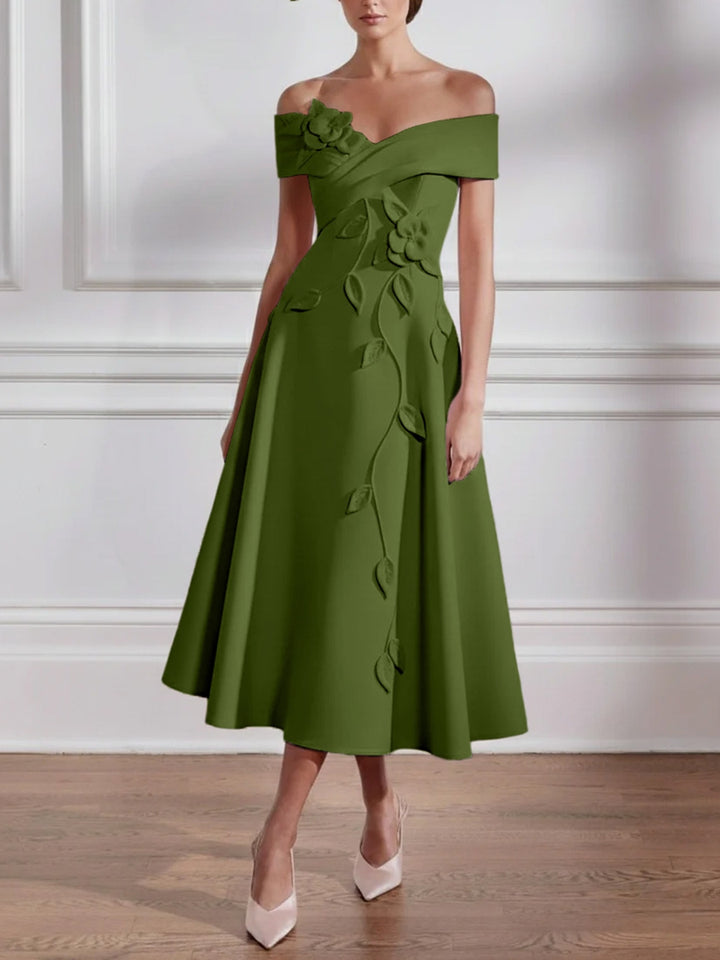 A-Line/Princess Off-the-shoulder Stretch Satin Mother of the Bride Dresses with 3D Flower Tea-Length Sleeveless