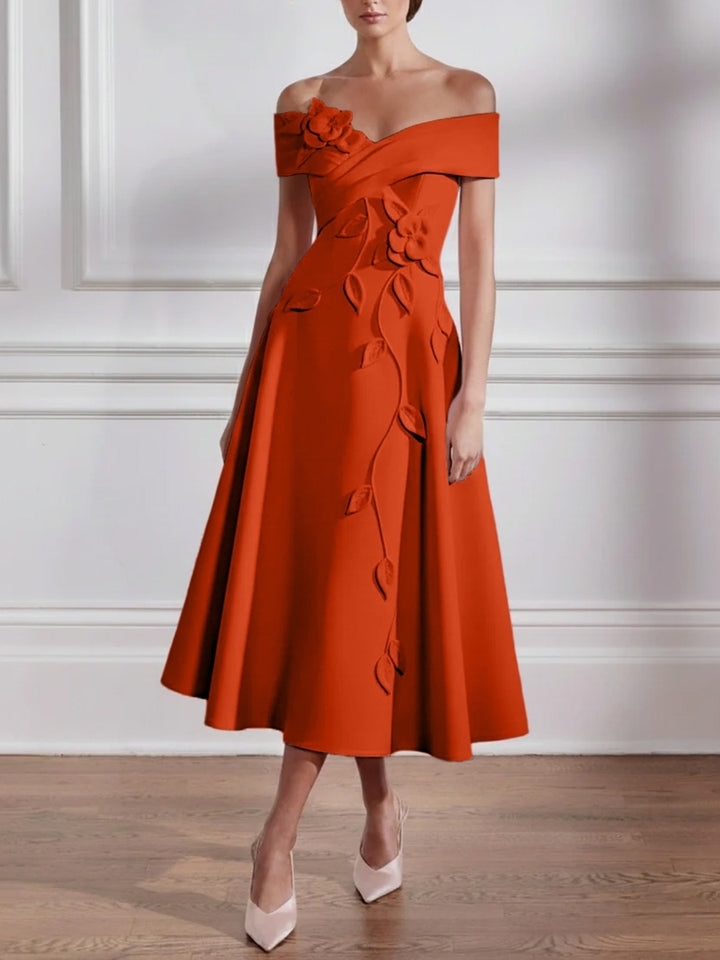 A-Line/Princess Off-the-shoulder Stretch Satin Mother of the Bride Dresses with 3D Flower Tea-Length Sleeveless