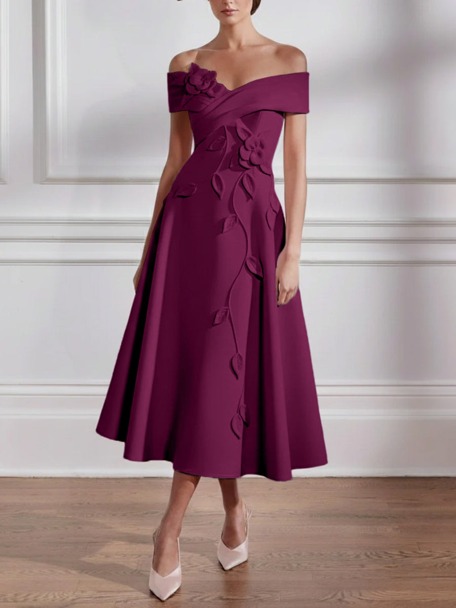 A-Line/Princess Off-the-shoulder Stretch Satin Mother of the Bride Dresses with 3D Flower Tea-Length Sleeveless