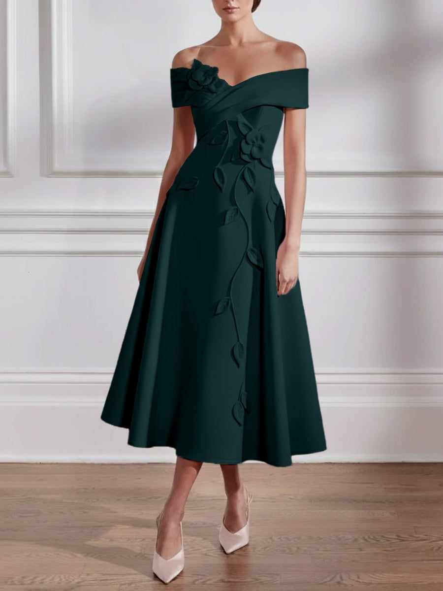 A-Line/Princess Off-the-shoulder Stretch Satin Mother of the Bride Dresses with 3D Flower Tea-Length Sleeveless