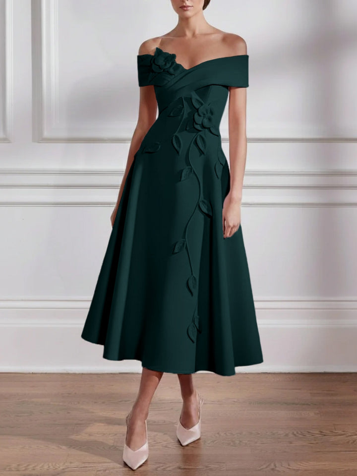 A-Line/Princess Off-the-shoulder Stretch Satin Mother of the Bride Dresses with 3D Flower Tea-Length Sleeveless