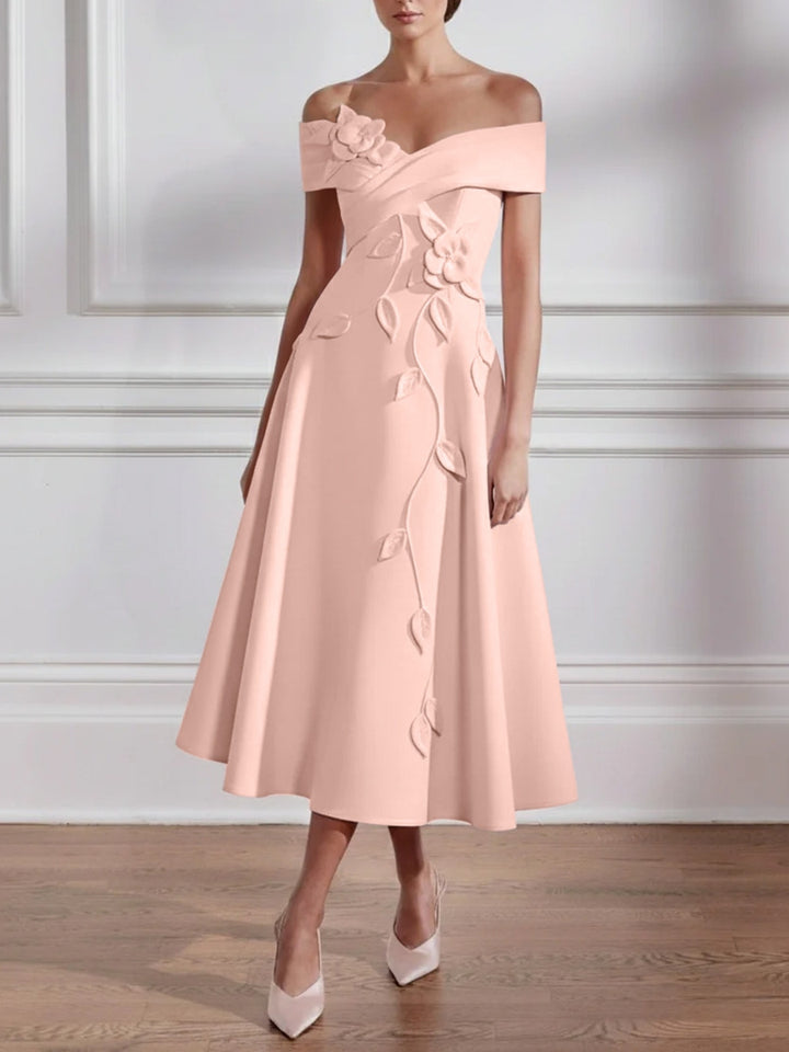 A-Line/Princess Off-the-shoulder Stretch Satin Mother of the Bride Dresses with 3D Flower Tea-Length Sleeveless