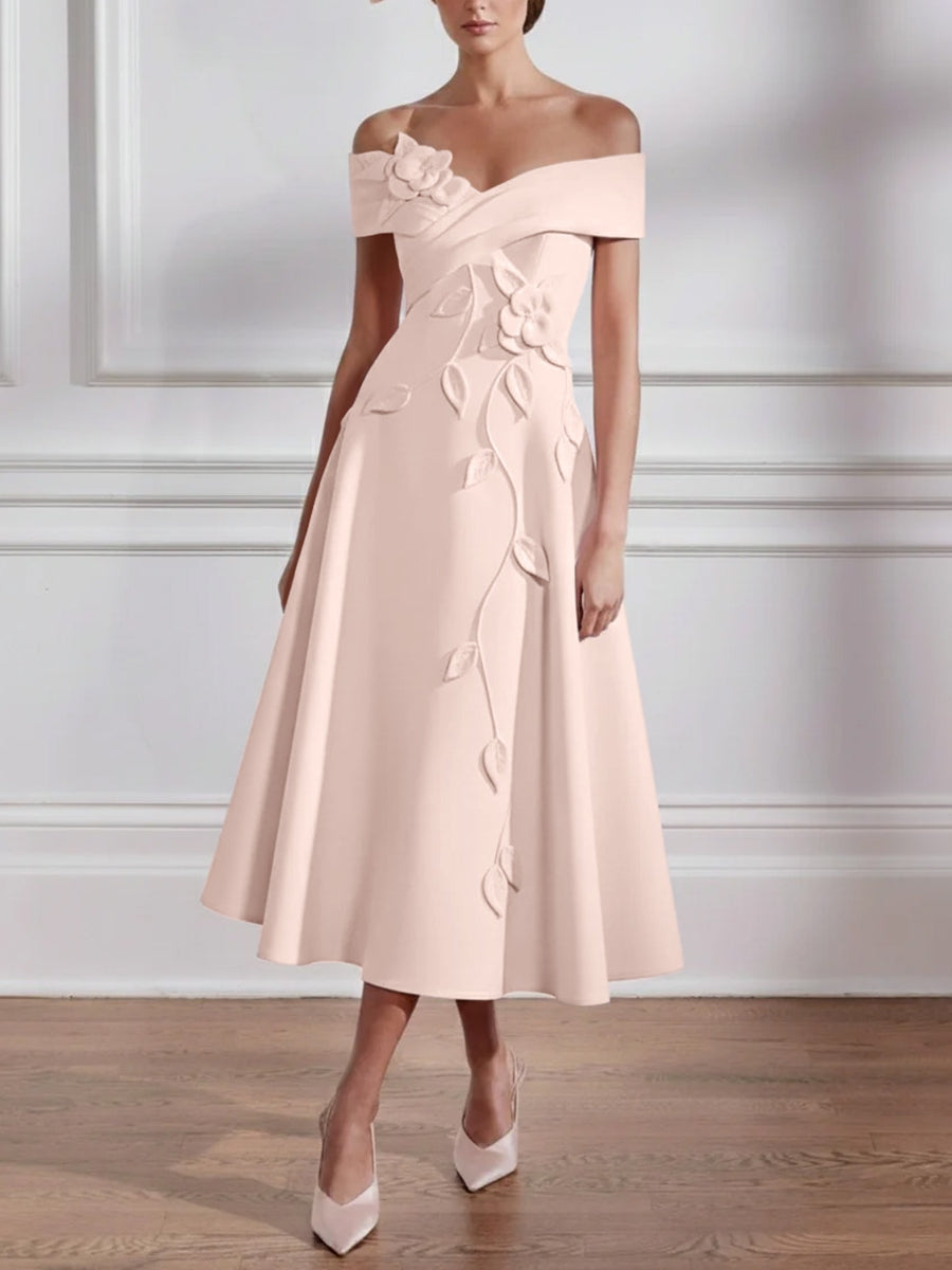 A-Line/Princess Off-the-shoulder Stretch Satin Mother of the Bride Dresses with 3D Flower Tea-Length Floral Sleeveless