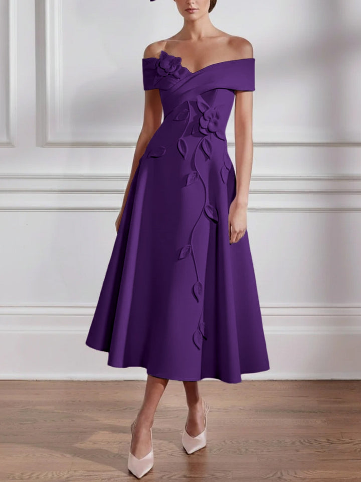 A-Line/Princess Off-the-shoulder Stretch Satin Mother of the Bride Dresses with 3D Flower Tea-Length Sleeveless