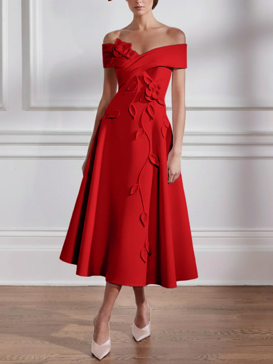 A-Line/Princess Off-the-shoulder Stretch Satin Mother of the Bride Dresses with 3D Flower Tea-Length Sleeveless