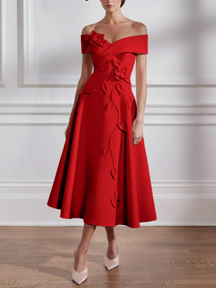 A-Line/Princess Off-the-shoulder Stretch Satin Mother of the Bride Dresses with 3D Flower Tea-Length Sleeveless