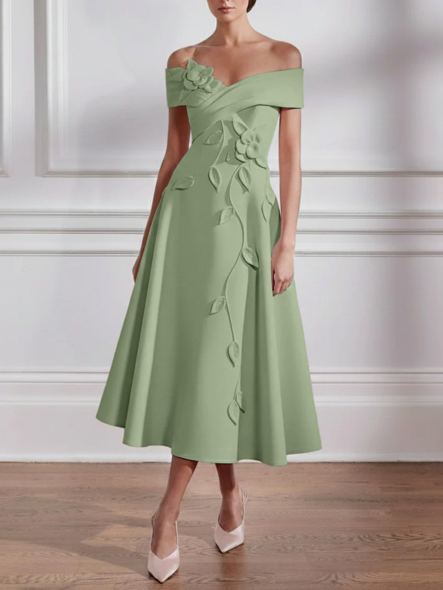 A-Line/Princess Off-the-shoulder Stretch Satin Mother of the Bride Dresses with 3D Flower Tea-Length Floral Sleeveless