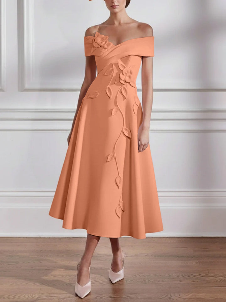 A-Line/Princess Off-the-shoulder Stretch Satin Mother of the Bride Dresses with 3D Flower Tea-Length Sleeveless