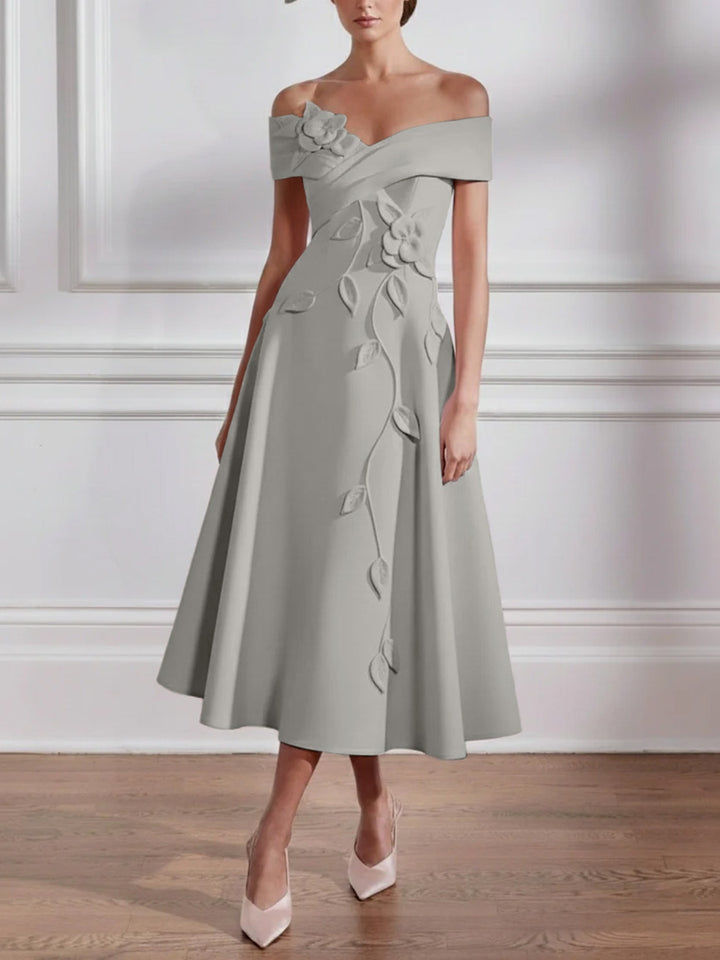 A-Line/Princess Off-the-shoulder Stretch Satin Mother of the Bride Dresses with 3D Flower Tea-Length Sleeveless