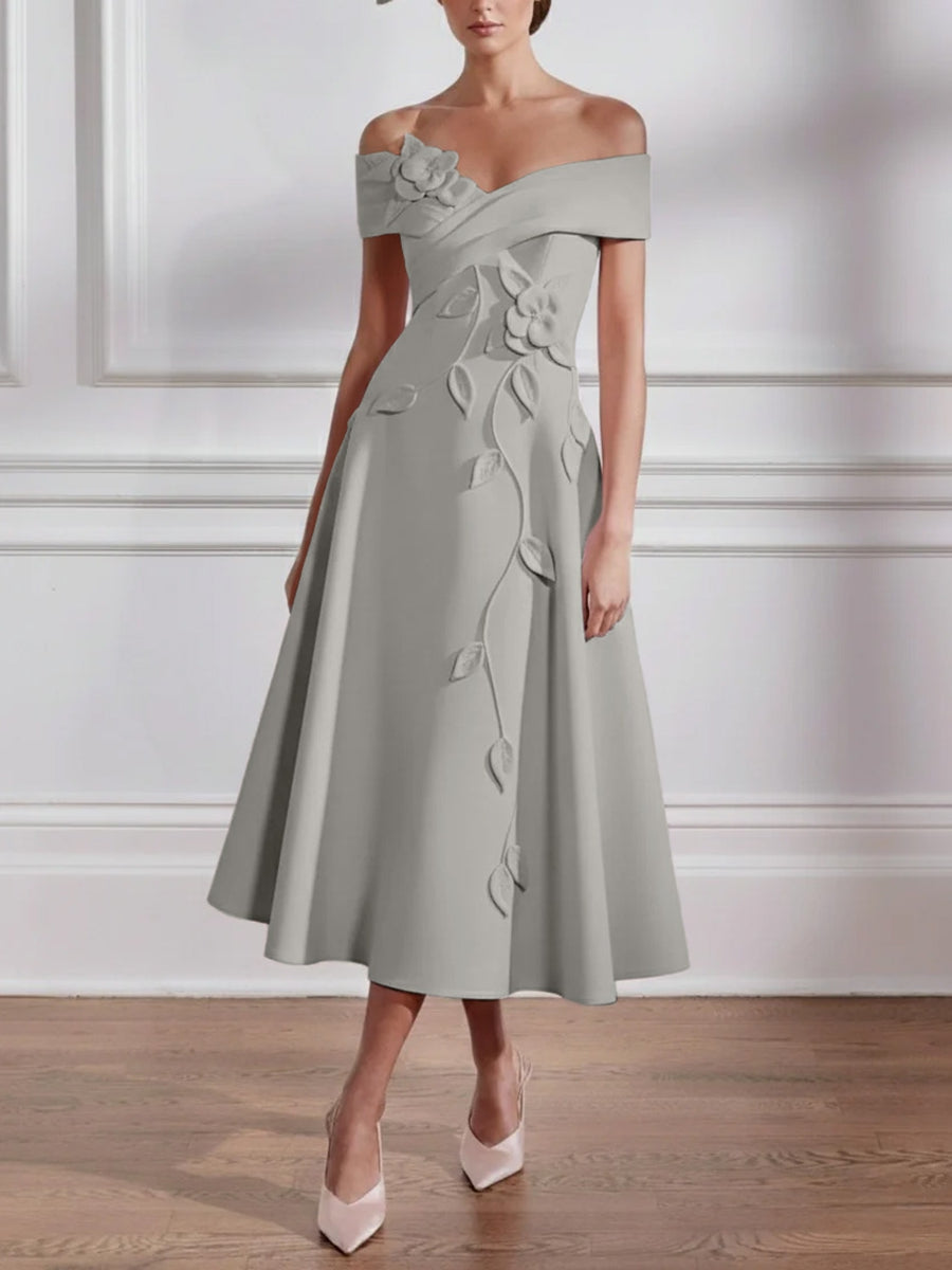 A-Line/Princess Off-the-shoulder Stretch Satin Mother of the Bride Dresses with 3D Flower Tea-Length Floral Sleeveless