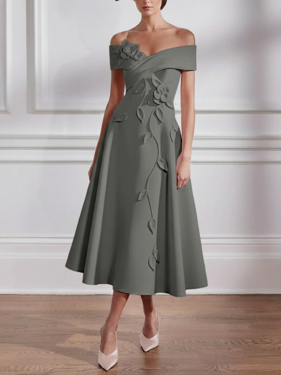 A-Line/Princess Off-the-shoulder Stretch Satin Mother of the Bride Dresses with 3D Flower Tea-Length Sleeveless