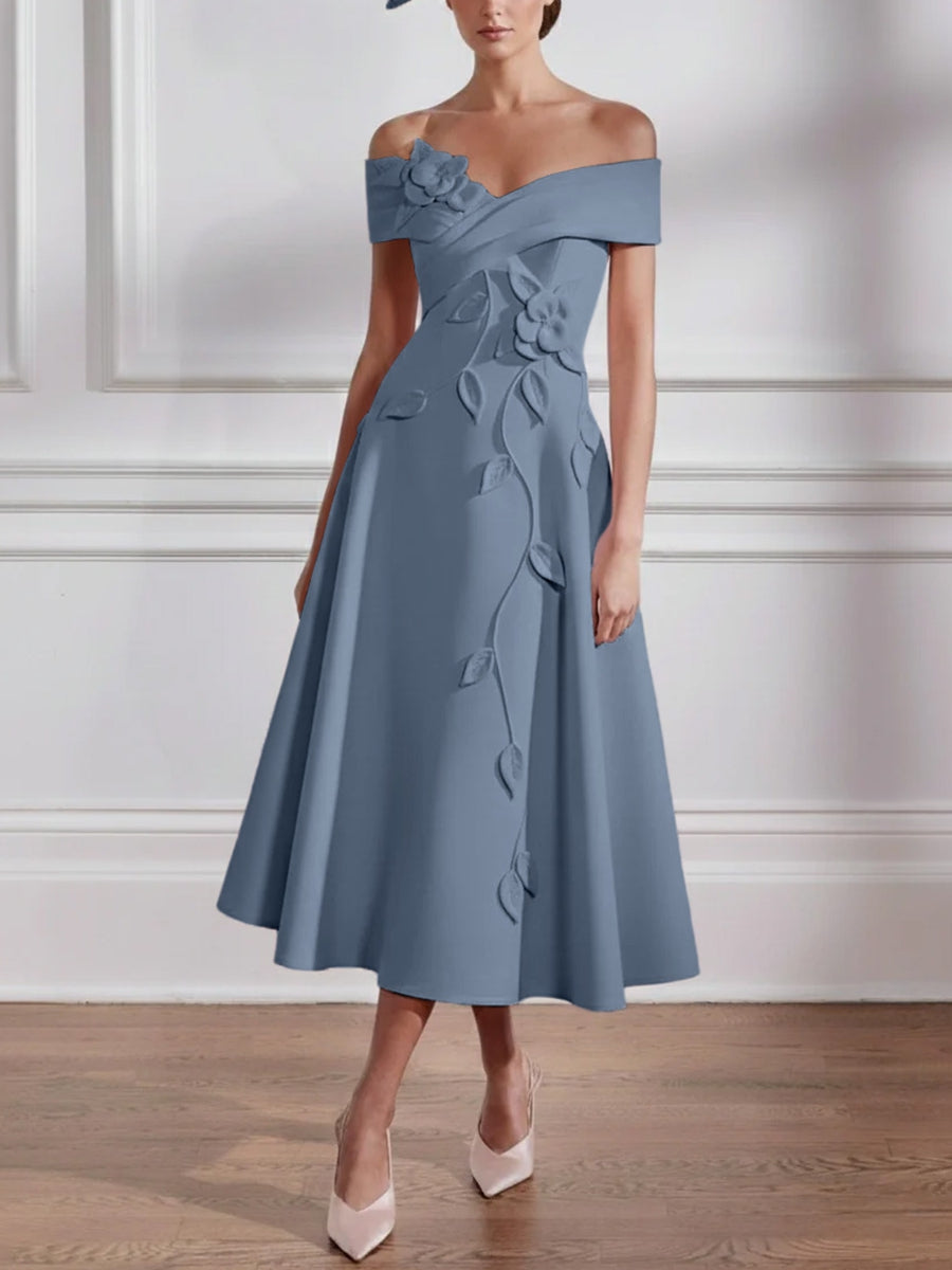 A-Line/Princess Off-the-shoulder Stretch Satin Mother of the Bride Dresses with 3D Flower Tea-Length Sleeveless