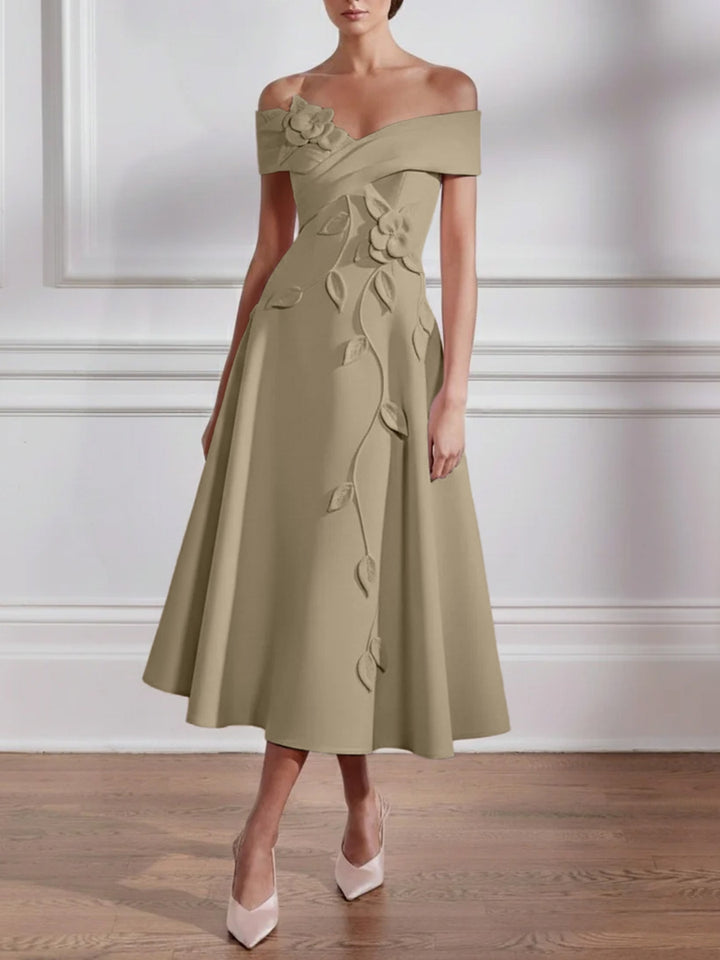 A-Line/Princess Off-the-shoulder Stretch Satin Mother of the Bride Dresses with 3D Flower Tea-Length Sleeveless
