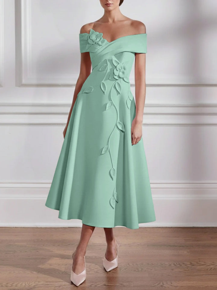 A-Line/Princess Off-the-shoulder Stretch Satin Mother of the Bride Dresses with 3D Flower Tea-Length Sleeveless