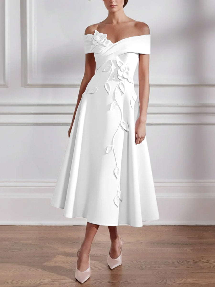 A-Line/Princess Off-the-shoulder Stretch Satin Mother of the Bride Dresses with 3D Flower Tea-Length Sleeveless