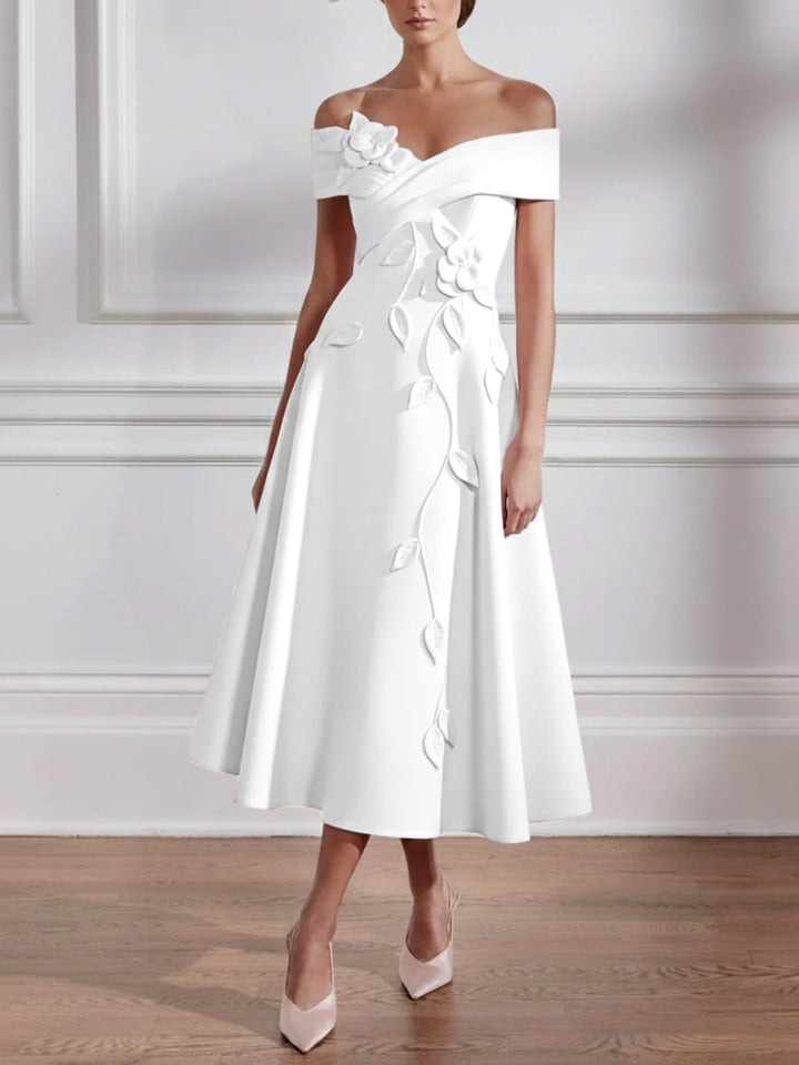 A-Line/Princess Off-the-shoulder Stretch Satin Mother of the Bride Dresses with 3D Flower Tea-Length Sleeveless