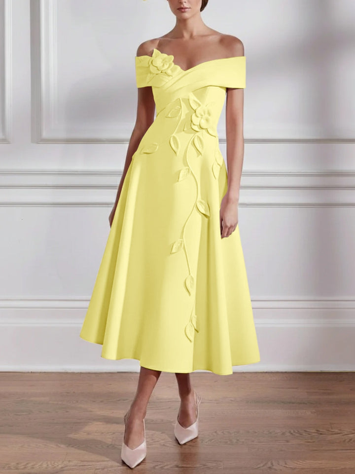 A-Line/Princess Off-the-shoulder Stretch Satin Mother of the Bride Dresses with 3D Flower Tea-Length Sleeveless