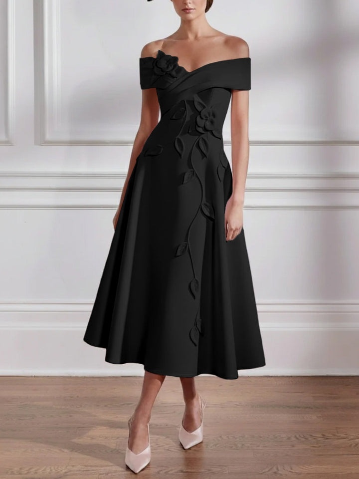 A-Line/Princess Off-the-shoulder Stretch Satin Mother of the Bride Dresses with 3D Flower Tea-Length Sleeveless