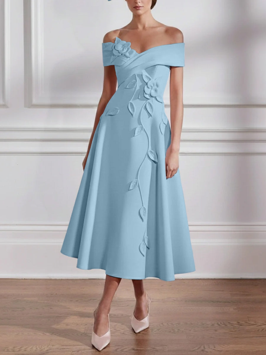 A-Line/Princess Off-the-shoulder Stretch Satin Mother of the Bride Dresses with 3D Flower Tea-Length Sleeveless