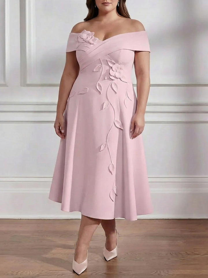 A-Line/Princess Off-the-shoulder Stretch Satin Plus Size Mother of the Bride Dresses with 3D Flower Tea-Length Sleeveless