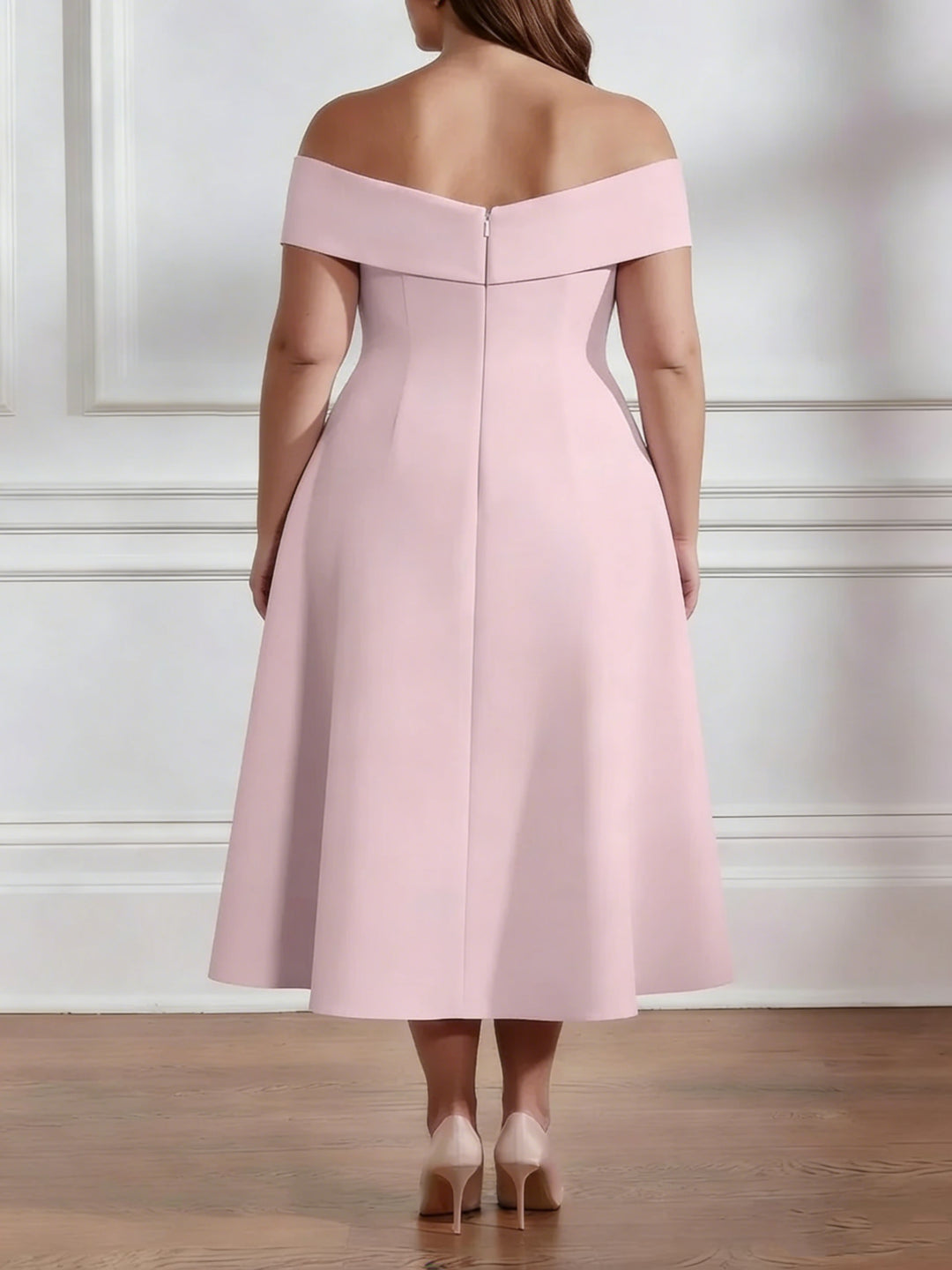 A-Line/Princess Off-the-shoulder Stretch Satin Plus Size Mother of the Bride Dresses with 3D Flower Tea-Length Sleeveless