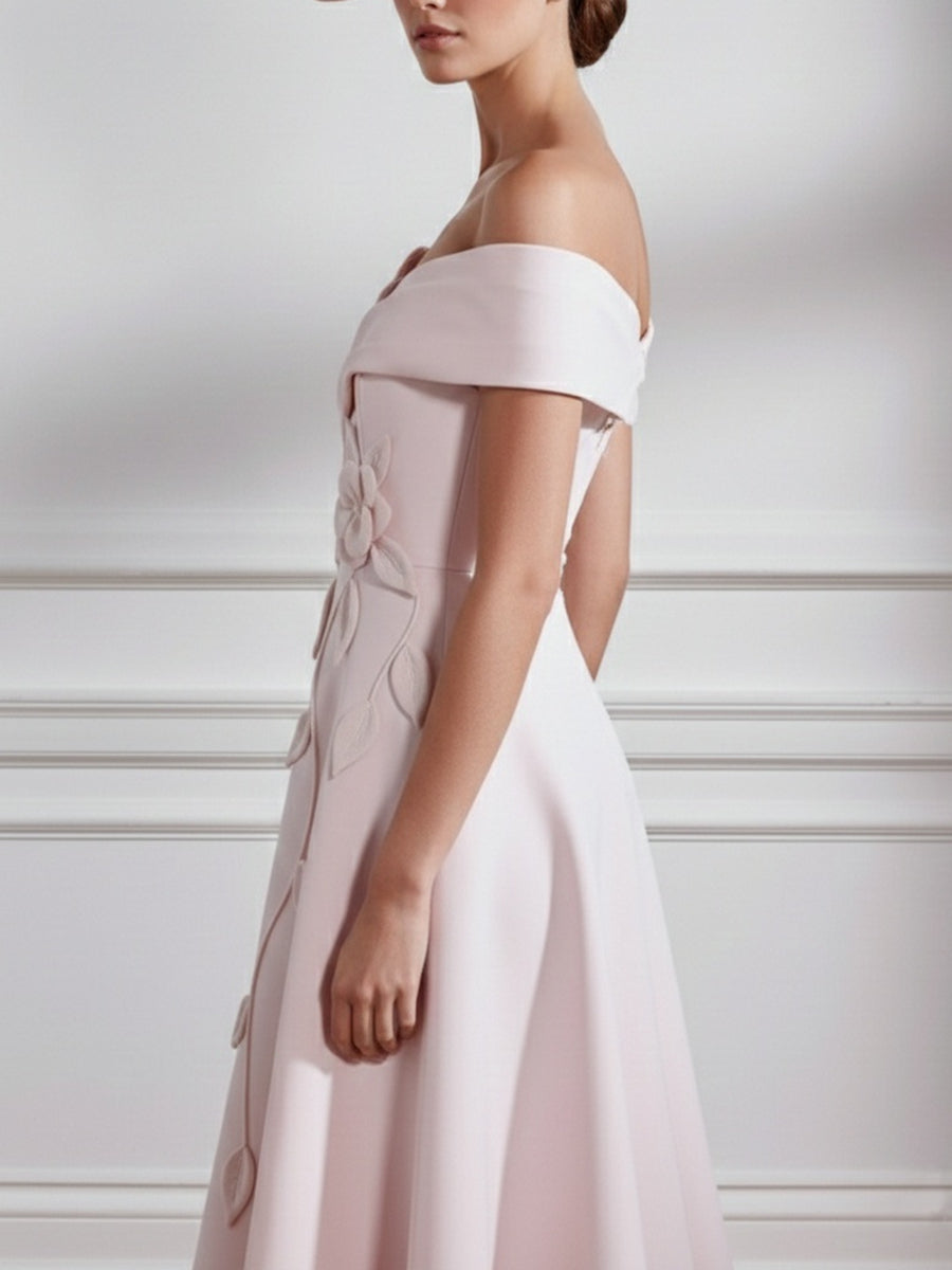 A-Line/Princess Off-the-shoulder Stretch Satin Mother of the Bride Dresses with 3D Flower Tea-Length Sleeveless