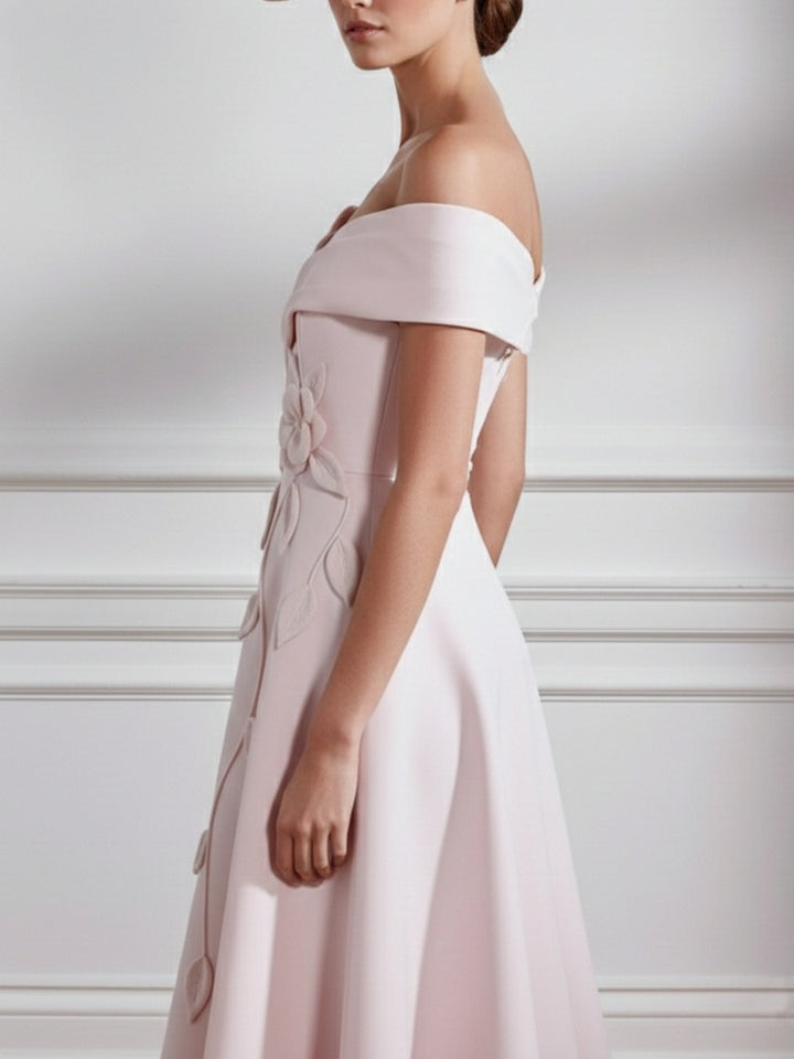 A-Line/Princess Off-the-shoulder Stretch Satin Mother of the Bride Dresses with 3D Flower Tea-Length Sleeveless