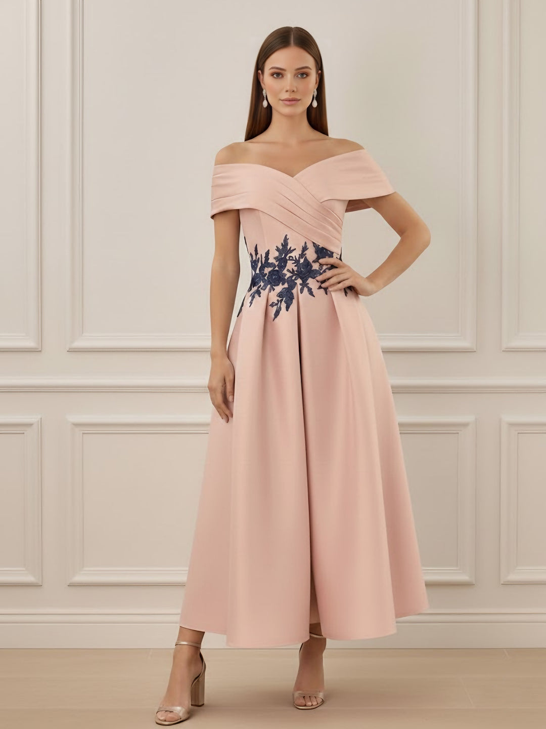 A-Line/Princess Off-the-shoulder Stretch Satin Mother of the Bride Dresses with Appliques Ankle-Length Sleeveless